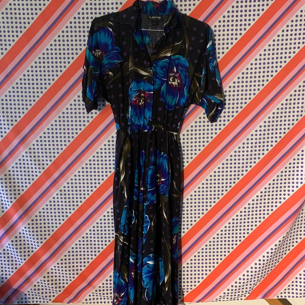 Laine USA Vintage 90s Floral Polka Dot Dress Black Blue Medium